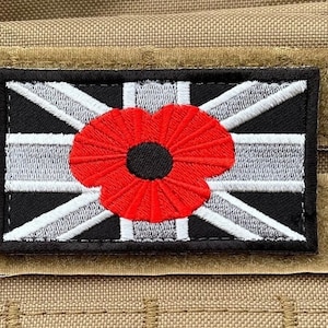 Great Britain Union Jack Poppy Patch (3,3 Zoll) Gestickt (Haken + Schlaufe) gedämpftes taktisches Abzeichen UK England United Kingdom Patches
