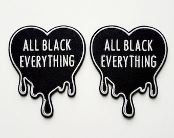 Set of 2 All Black Everything Patches Embroidered Iron/Sew-on Badges Goth Heart Gothic Horror Emblem Gift Patch