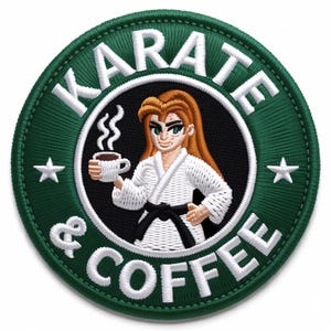 Puede incluir: Parche bordado con borde verde y las palabras "KARATE & COFFEE" en blanco. El parche presenta una ilustración de dibujos animados de una persona con uniforme de karate sosteniendo una taza de café. Dos estrellas blancas están en el borde verde.