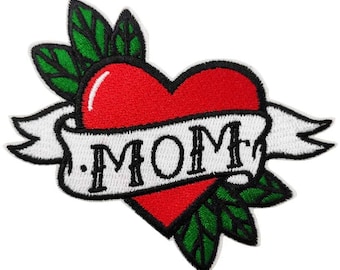MOM Tattoo Love Heart Patch (3 Inch) Iron/Sew-on Badge Retro Emblem Perfect for Backpacks, Pets, Bags, Caps, Hats, Jackets, Gift Patches