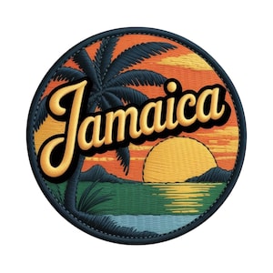 May include: Circular embroidered patch depicting a tropical sunset with a palm tree and the word "Jamaica" in yellow script. The patch has a dark blue border and a vibrant colour palette.