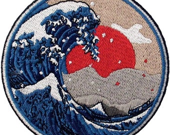 La Grande Vague au large de Kanagawa Japon Patch (3,5 pouces) Badge brodé thermocollant/à coudre Emblème souvenir de voyage japonais Sac à dos Patchs cadeaux