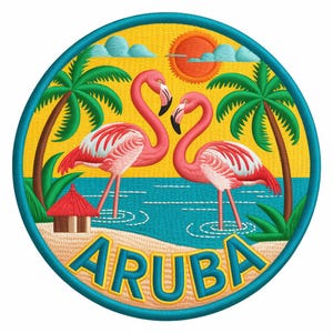 Puede incluir: Parche bordado circular que representa una escena tropical con dos flamencos rosas, palmeras y un sol rojo. La palabra "ARUBA" se muestra en azul y amarillo. El diseño está enmarcado por un borde turquesa.