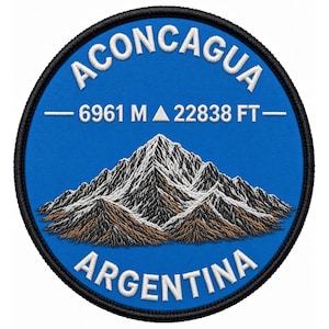 May include: A circular embroidered patch with a blue background and a black stitched border. It features a white mountain illustration, the text ACONCAGUA and ARGENTINA, and the elevation 6961 M and 22838 FT with a small triangle icon.