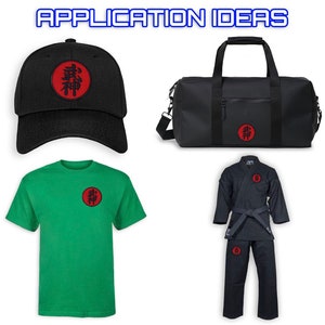 May include: Application ideas for a red and black kanji patch with the word "Shin" in a circle. The patch is shown on a black baseball cap, a black duffel bag, a green t-shirt, and a black martial arts uniform.