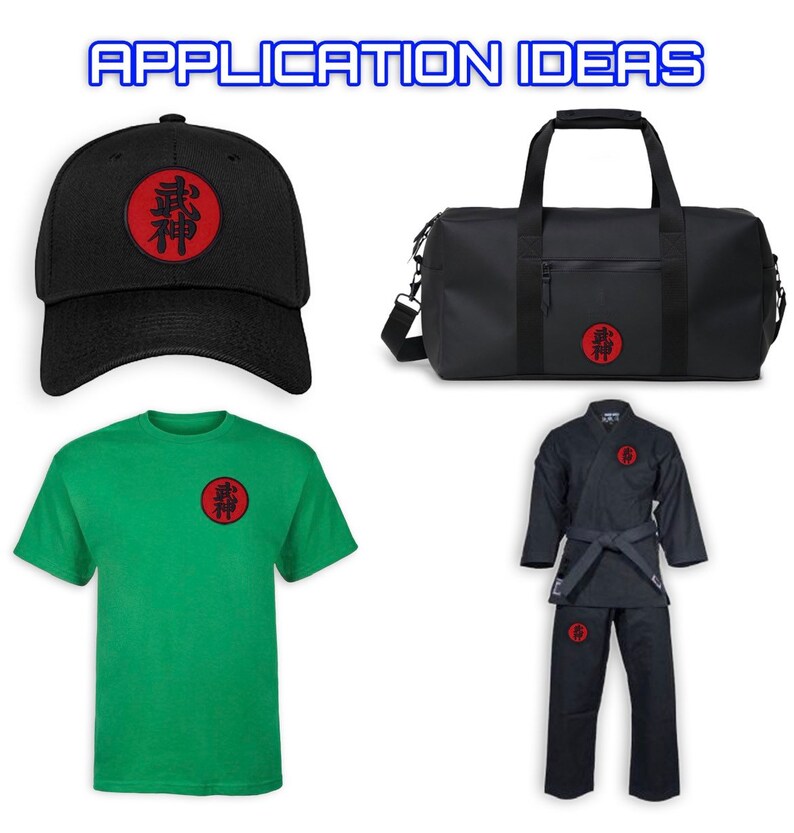 May include: Application ideas for a red and black kanji patch with the word "Shin" in a circle. The patch is shown on a black baseball cap, a black duffel bag, a green t-shirt, and a black martial arts uniform.