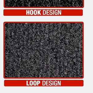May include: Image showing two close-ups of a hook and loop design, with the words "HOOK DESIGN" and "LOOP DESIGN" in red boxes. Below are two red circles with white text: "EASY TO USE" and "100% REUSABLE".