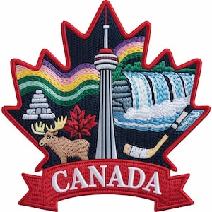 Puede incluir: Parche bordado con forma de hoja de arce, con la Torre CN, las Cataratas del Niágara, un alce y un palo de hockey. La palabra "CANADA" se muestra en una pancarta roja. El parche tiene un fondo azul marino con un borde rojo.