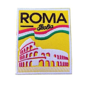 May include: A yellow embroidered patch with the word "ROMA" in black letters and the word "Italia" in brown cursive letters. The patch features a white embroidered image of the Colosseum with red accents and a green, white, and red embroidered flag.