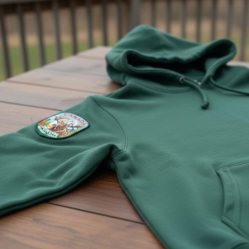 May include: A forest green hooded sweatshirt featuring a drawstring hood and a front kangaroo pocket. A circular patch on the upper sleeve displays a moose illustration with the text Canada and Yukon National Parks.