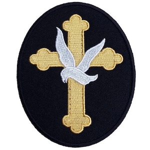 Écusson croix en or colombe blanche (3,5 pouces) bel insigne chrétien brodé thermocollant/à coudre souvenir religieux emblème catholique écusson cadeau