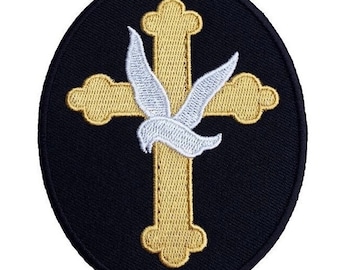 Gold Cross + White Dove Patch (3.5 Inch) Beautiful Christian Embroidered Iron-on/Sew-on Badge Applique Religious Souvenir Gift Emblem Crest