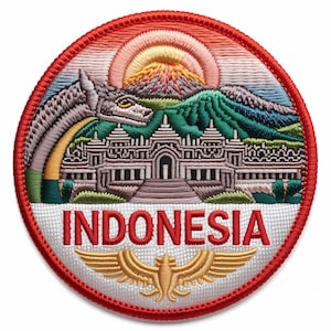 Può includere: Toppa ricamata raffigurante un paesaggio indonesiano dettagliato. Il design include un tempio, montagne, un drago e la parola "INDONESIA" in rosso. La toppa ha un bordo rosso e un emblema dorato in basso.