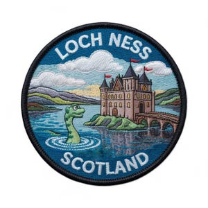 May include: Embroidered patch featuring the Loch Ness Monster in a lake with a castle in the background. The patch is round with a blue background and the words "Loch Ness Scotland" in white.