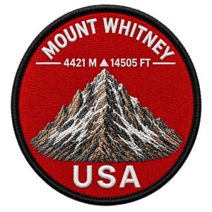 May include: A circular embroidered patch with a red background and a black border. It features a detailed mountain illustration in white, grey, and brown. The text reads MOUNT WHITNEY, 4421 M, 14505 FT, and USA in white, bold, capitalized lettering.