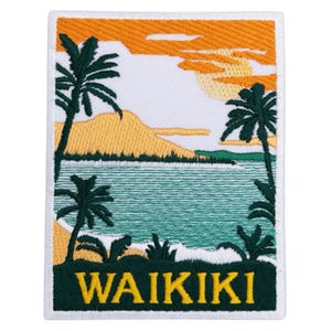 May include: Embroidered patch featuring a tropical beach scene with palm trees, ocean waves, and a sunset. The word "WAIKIKI" is embroidered in bold, yellow letters on a dark green background. The patch has a white border.
