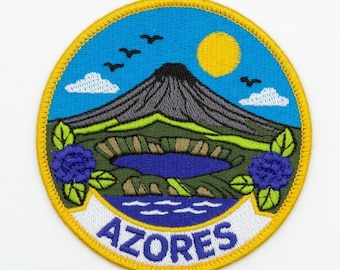 Azores Patch Embroidered Iron-on / Sew-on Badge Volcano Crater Lake Hydrangeas Travel Souvenir Emblem (80mm)