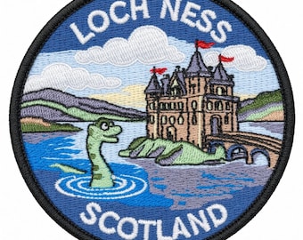 May include: A circular embroidered patch featuring a landscape of Loch Ness, Scotland. The design includes a green sea creature in blue water, a stone castle with red flags, rolling hills, and white clouds. The text reads LOCH NESS SCOTLAND.