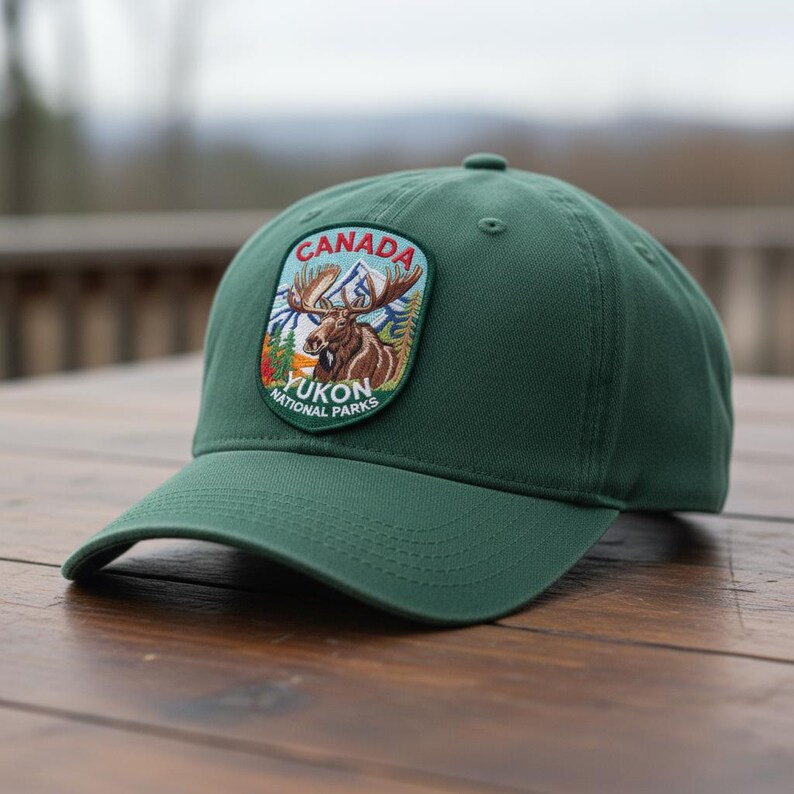 May include: A forest green baseball cap featuring a shield-shaped embroidered patch on the front. The patch displays a brown moose, blue mountains, and green trees with the text CANADA and YUKON NATIONAL PARKS in white and red lettering.