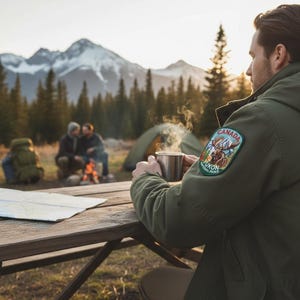May include: An olive green jacket featuring a circular embroidered patch on the sleeve. The patch displays a moose illustration with the text Canada and Yukon National Parks. A metallic mug is held in the hand, emitting visible steam.