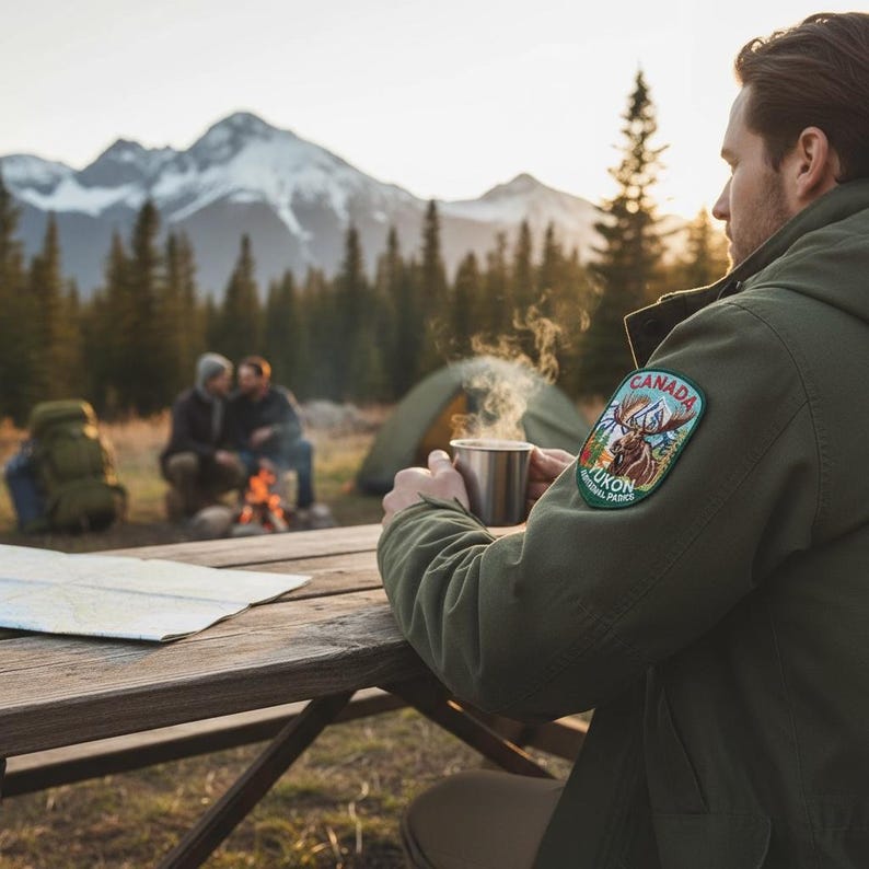 May include: An olive green jacket featuring a circular embroidered patch on the sleeve. The patch displays a moose illustration with the text Canada and Yukon National Parks. A metallic mug is held in the hand, emitting visible steam.