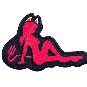 Devil Pin Up Girl Patch (3.5&quot;) Iron/Sew-On Badge Sexy Lady Biker Devil Girl Silhouette Horns Tail Satan Demon Satanic Horror Gothic Patches