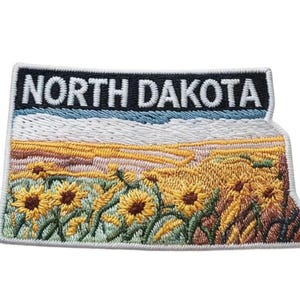 Broderad lapp i North Dakota: Solrosfält souveniremblem, påstryknings-/sysömnadsmärke (7,5 cm)