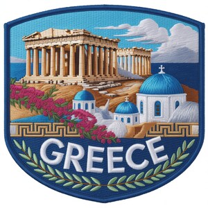 May include: Embroidered patch featuring iconic Greek landmarks. The design includes the Parthenon, blue-domed churches, and the word "GREECE" in white, surrounded by a laurel wreath. The patch has a blue border and a textured background.