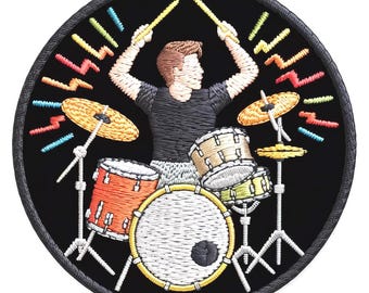 Drummer Patch (3.2 Inch) Embroidered Iron/Sew-on Badge Drum Kit Music Musician Drum Sticks Emblem for Backpacks, Hats, Jackets, Gift Patches