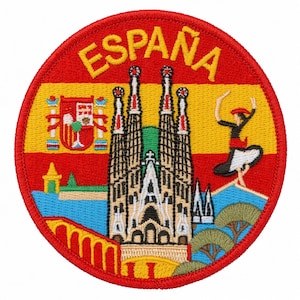 Puede incluir: Un parche bordado circular con la palabra ESPAÑA en letras amarillas en la parte superior. El diseño incluye la bandera de España, la Sagrada Familia, el escudo nacional y una figura bailando, todo en colores rojo, amarillo y azul.