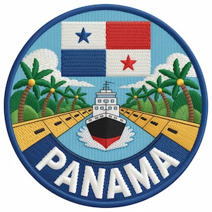 Pode incluir: Patch bordado com a bandeira do Panamá, um navio navegando por um canal e palmeiras. A palavra "PANAMA" está arqueada na parte inferior em letras brancas. O patch tem uma borda azul e um design detalhado e colorido.