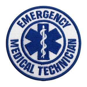 May include: Embroidered patch with the words "EMERGENCY MEDICAL TECHNICIAN" in blue lettering on a white background. The patch features a blue Star of Life symbol with a white staff of Asclepius in the center, and a blue border.