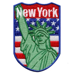 May include: Embroidered patch featuring the Statue of Liberty in green, set against a backdrop of the American flag. The patch is shield-shaped with the words "New York" in white across the top.