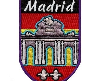 Toppa di Madrid, Spagna, ricamata, termoadesiva o da cucire, souvenir di viaggio in Europa, emblema a scudo (75 mm)