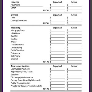 May include: A black and white printable budget worksheet with the title "Monthly Budget". The worksheet is divided into categories for income, giving, housing, transportation, and food. Each category has columns for expected and actual expenses.