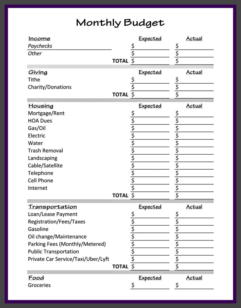 May include: A black and white printable budget worksheet with the title "Monthly Budget". The worksheet is divided into categories for income, giving, housing, transportation, and food. Each category has columns for expected and actual expenses.
