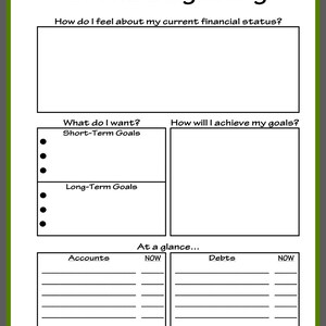 May include: A printable worksheet titled "In The Beginning" with sections for reflecting on current financial status, goals, and a financial snapshot. The worksheet includes sections for short-term goals, long-term goals, accounts, and debts.