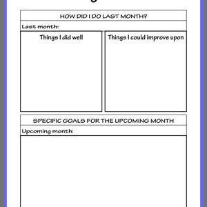 May include: A printable monthly check-in form with sections for reflecting on the previous month and setting goals for the upcoming month. The form includes prompts for things done well, areas for improvement, and specific goals.