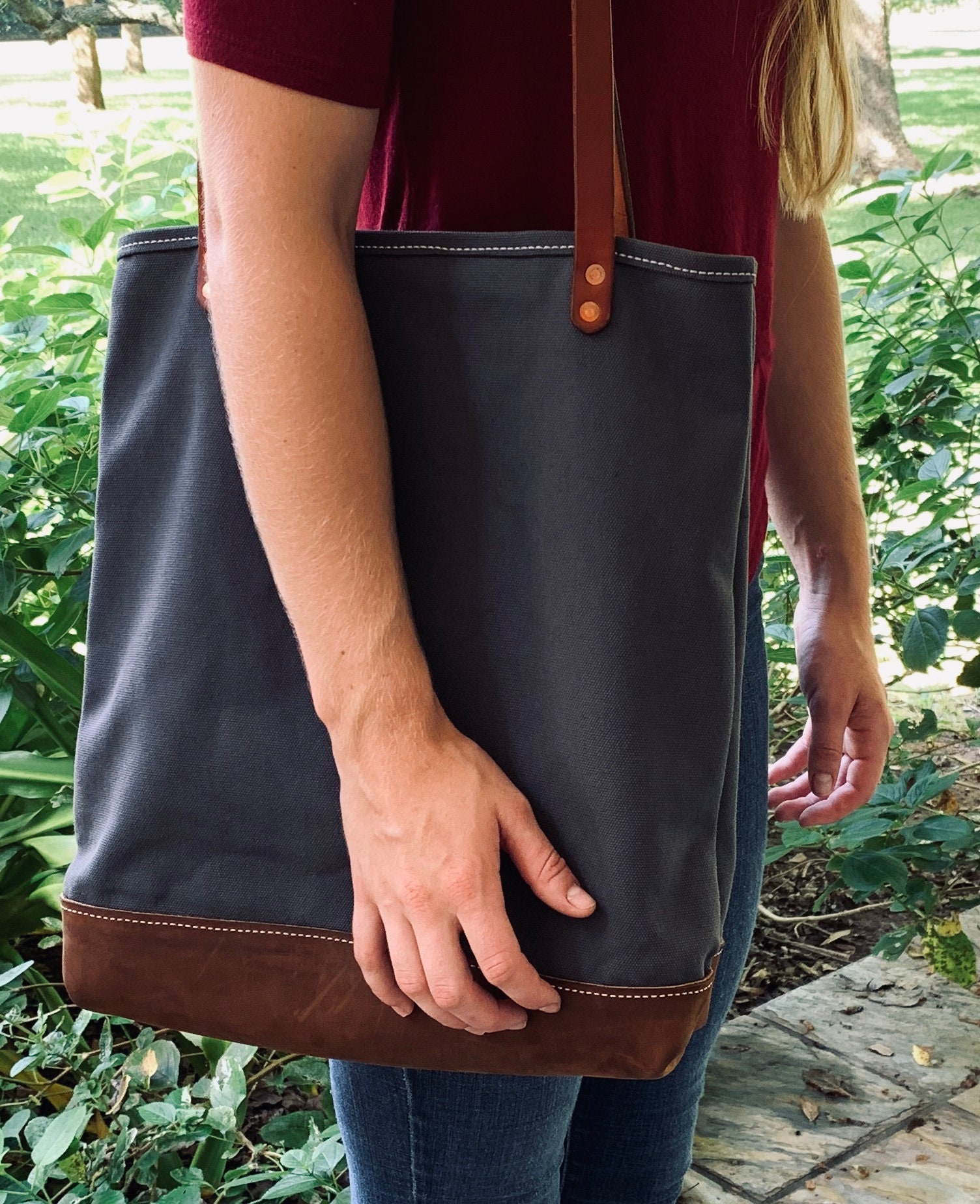 Canvas Leather Tote Bag - Etsy