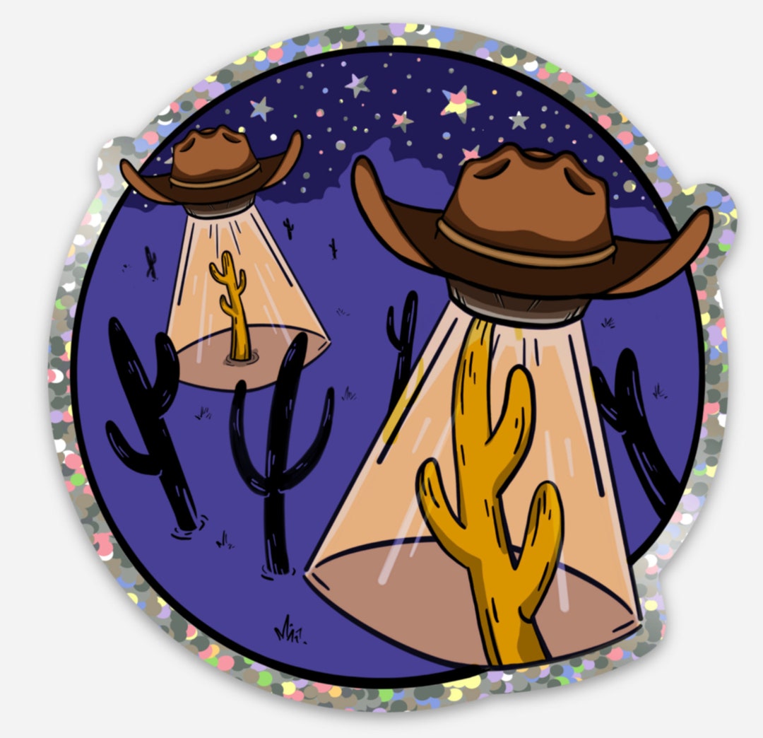 Cowboy Hat Ufos Glitter Weatherproof Sticker Aliens Desert Etsy