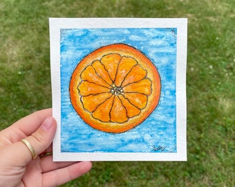 Original Watercolor Painting, abstract watercolor art, watercolor orange, wall and room decor, 5x5.5 inches, gift, fruit, citrus