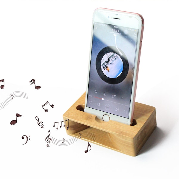 2 in 1 Bamboo Amplifier Speaker or Phone Holder Dock Stylish Home Office For Smart Phone, Natural & Eco Friendly