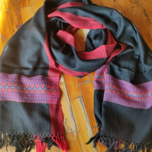 Jet black wool scarf with tribal border / unisex wool scarf/ wool scarf/ wool shawl