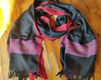 Handmade Jet Black Wool Scarf with Tribal Border