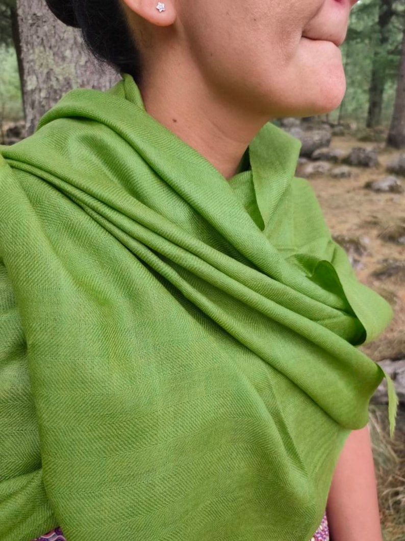 Moss green/moss green luxurious silk wool scarf/ spring scarf image 7