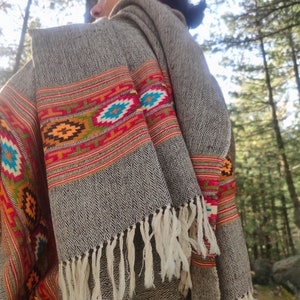 Handwoven Yak Wool Blanket Scarf,  Herringbone Shawl, Tribal Detail