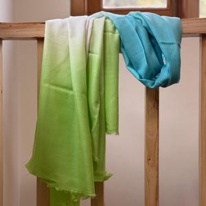 Blue, Green and White dip dyed luxurious silk wool scarf