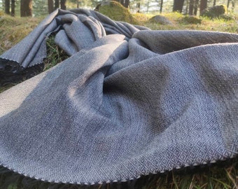 Hand Woven Himalayan Wool Shawl, Grey & Black Oversized Scarf, Travel Blanket