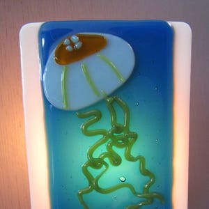 Jellyfish Hand-crafted White and Green Glass Night Light on Blue and White Glass
