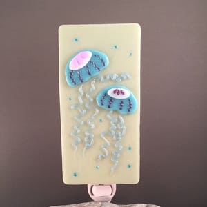 Double Jellyfish Hand-crafted Turquoise, White, Purple Glass Night Light on French Vanilla Glass